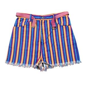 Vintage 90s Bonjour Rainbow Stripe High Waist Denim Shorts, Size 11/12 With Belt